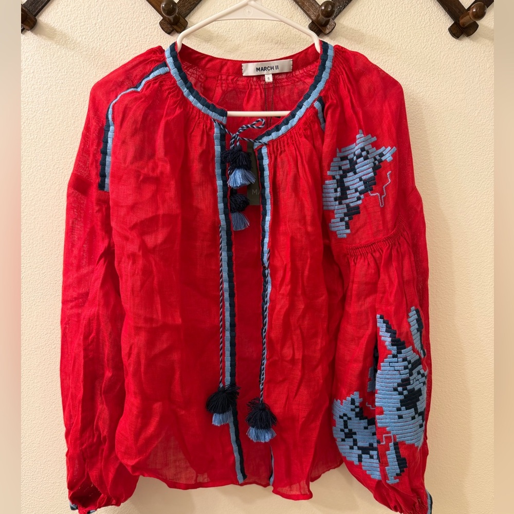 March 11 Tassled embroidered linen red and blue top